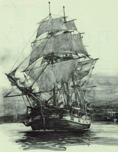 a black and white drawing of a ship in the water