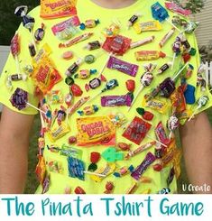 a young boy wearing a yellow shirt with candy on it and the words, the final tshirt game