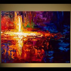 an abstract painting with bright colors in the background and a cross at the center on the wall