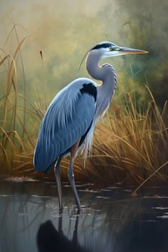 a painting of a blue heron standing in the water