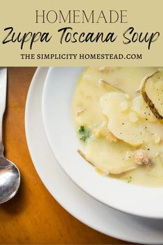 a bowl of homemade zuppa toscana soup on a table with a spoon