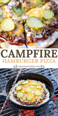 the campfire hamburger pizza is ready to be served on the grill with pickles