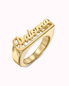 This ring, with its groovy lettering and thick frame, will have you disco dancing in style. Available in 925 sterling silver, 18k yellow gold plated and 18k rose gold plated. Item Capitalization:  Title Case  (the first letter of each word is capitalized) Groovy Lettering, Disco Dancing, Rose Gold Initial, Signet Rings Women, Name Ring, Disco Dance, Name Rings, Gold Signet Ring, Ring Sale