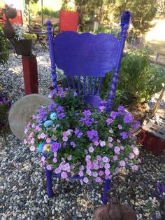 a purple chair sitting on top of a gravel covered ground next to flowers and rocks