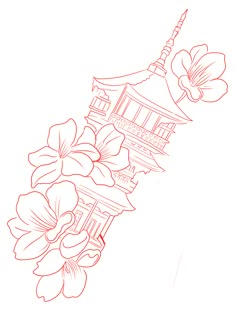 a line drawing of flowers in front of a building with a pagoda on the top