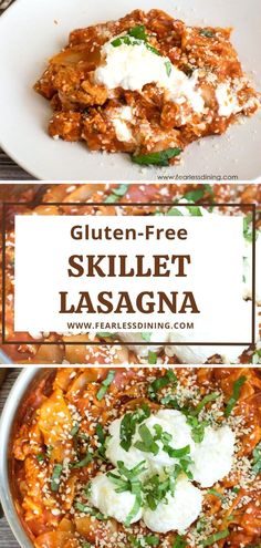 two plates with lasagna on them and the text gluten - free skillet lasagna