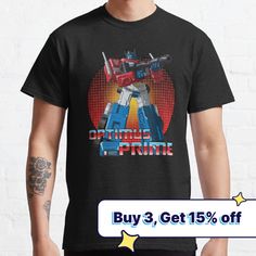 a black shirt with an image of a robot from the movie opttron prime on it