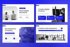 four different webpages with blue and white colors