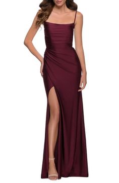 La Femme Lace Up Back Jersey Mermaid Gown | Nordstrom Dessy Collection, Plum Dress, Grad Dresses, Women Formals, Mermaid Gown, Formal Dresses For Women, A Line Gown, Lace Gown