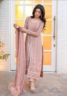 3 Piece Pakistani Indian Suit Merakish Pastel Pink  | eBay Colour Wedding Dress, Suits For Women Indian, Colour Wedding, Wedding Dress Elegant, Lehenga Saree Design, Function Dresses, Peach Colour, Churidar Designs, Anarkali Dress Pattern