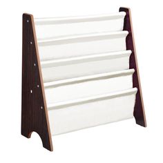 a wooden display rack with four white folded towels on it's sides and two brown wood hangers