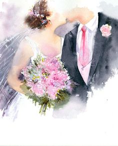 a watercolor painting of a bride and groom