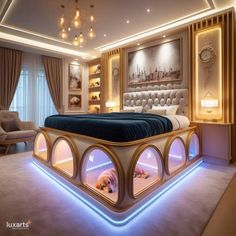 a bedroom with a bed that has been built into the ceiling and is lit up by lights