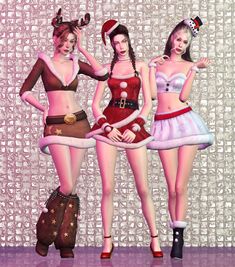 three beautiful women dressed up in christmas costumes and boots, standing next to each other