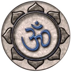 an om shan symbol on a white and gray background with blue letters in the center