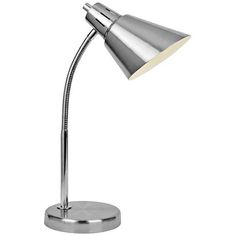 a chrome desk lamp with a white light on it's side and a silver base