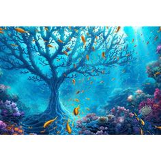 a painting of a tree in the middle of an ocean with fish swimming around it