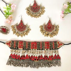 Afghani Kuchi Jewelry Set. A perfect gift for yourself, friends and family!  It is a beautiful 5 piece set that includes necklace/choker, earrings, a ring, and a headpiece.  It comes in three different colours, red, blue and green.  It is a perfect set for Henna night, wedding events and special occasions like Nawruz and Engagements. Costume Jewelry Metal Bridal Sets, Metal Bridal Sets As Gift, Adjustable Temple Jewelry Sets For Festive Occasions, Festive Adjustable Temple Jewelry Sets, Festive Temple Jewelry Sets, Festive Metal Choker As A Gift, Festive Metal Choker As Gift, Festival Costume Jewelry Choker, Festive Gift Metal Choker