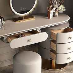 a white vanity with gold accents and a round mirror on the wall above it is next to a stool