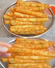 some food is being cooked in a strainer and then placed on top of the other side