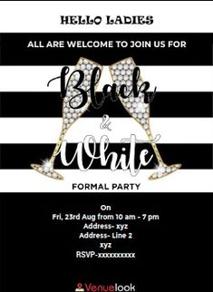 a black and white party flyer with two champagne glasses on the front, and an image of