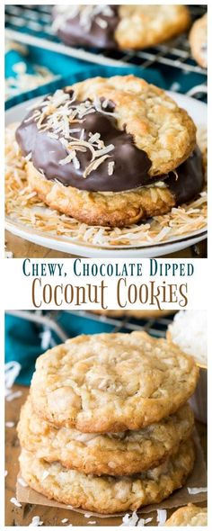 chocolate dipped coconut cookies stacked on top of each other