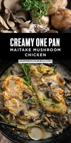 creamy one pan chicken with mushrooms and gravy in a cast iron skillet