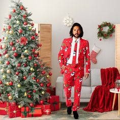 Dominate your next Christmas party by turning up in this ultimate Christmas Costume Suit! This unexpected approach to the holidays gives you a look that is dapper, the print and colors are bold and the sentiment is wild. Red 100% Polyester costume suit has real suit pockets, both inside and outside, lining, buttons, belt loops etc. All the little details like you would expect from a normal, boring suit. Includes jacket, pants, and a tie adorned with festive Christmas trees, snowmen, snowflakes, Suits For Christmas Party, Tux Prom, Suits Wedding, Ultimate Christmas, Christmas Costume, Prom Suits, Tuxedo Suit, Formal Dinner, Christmas Costumes