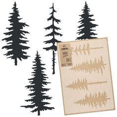 the silhouettes of pine trees are shown in black and white, with an envelope underneath them