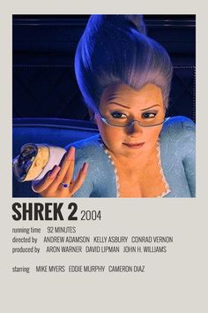 an advertisement for shrek 2, featuring a woman with blue hair and glasses