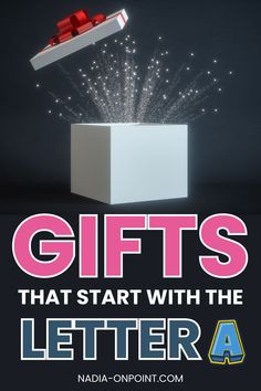 the words gifts that start with the letter a are in front of a white box