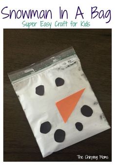 a snowman in a bag made out of white paper with black dots and an orange nose