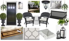 a collage of black and white items including a bench, chair, lampposts, door mat, potted planter with flowers