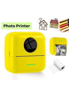 a yellow photo printer next to some colored pencils