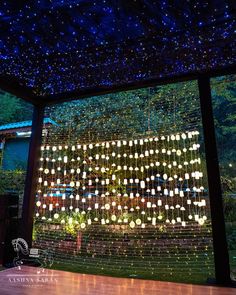 a room with lights on the ceiling and some plants growing out of the wall behind it