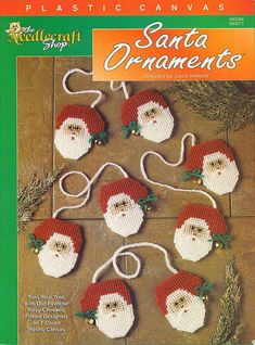 an advertisement for knitted christmas ornaments with santa's hats