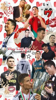 the collage shows many different soccer players and their trophies, as well as hearts