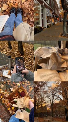 a collage of photos with autumn leaves and books