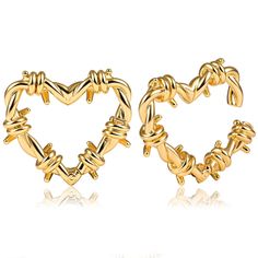 two pairs of heart shaped earrings in yellow gold plated brass, set against a white background