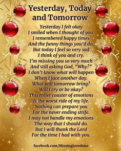 a christmas poem with red ornaments hanging from it