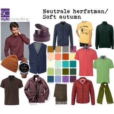 men's clothing and accessories are arranged in a collage with the words neutrale herststenn / soft autumn