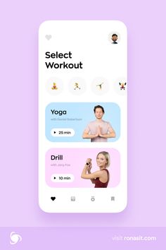 an iphone screen with the words select workout on it and two images of people doing yoga