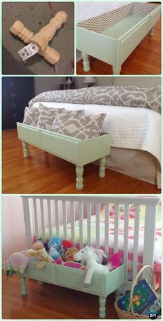 there are four pictures of different things in this room, including a crib and bed