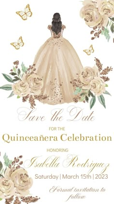 a wedding card with an image of a bride in a dress surrounded by flowers and butterflies