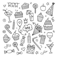 black and white hand drawn doodle illustration of birthday party items, including cupcakes,