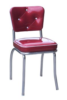 a red chair with metal frame and buttons on the back, against a white background