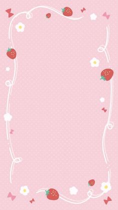 a pink background with strawberries and daisies on the border, as well as an empty space for text