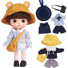 the doll is dressed in various clothes and accessories