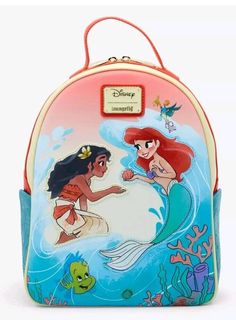 Moana and Ariel finally meet on this aquatic Loungefly backpack! Inspired by Moana and The Little Mermaid, this crossover features appliques of the Disney Princesses on the ocean. Ariel shows Moana a shell, while Hei Hei and Flounder drift in the waves around them. With debossed details on the side pockets, it's perfect for any marine fan. Exclusive! Polyurethane Approx. 9 1/4" W x 11 1/2" H x 5 1/4" D Imported Nice Animals, Fairytale Life, Loungefly Purse, Disney Bags Backpacks, The Disney Princesses, Moana Disney, Disney Princess Moana, Loungefly Backpack, Princess Moana