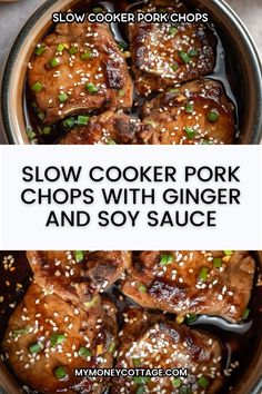 slow cooker pork chops with ginger and soy sauce in a bowl on the table